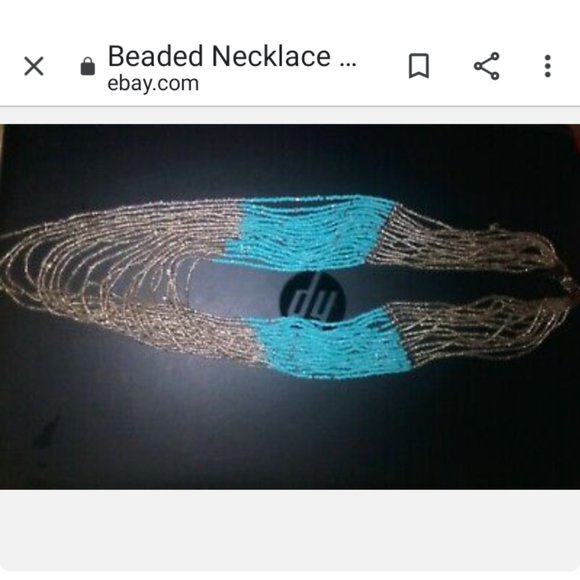 Beaded Necklace Silver-toned Metallic Silver & Turquoise Hangs 15" Long / o. d. - Picture 2 of 3